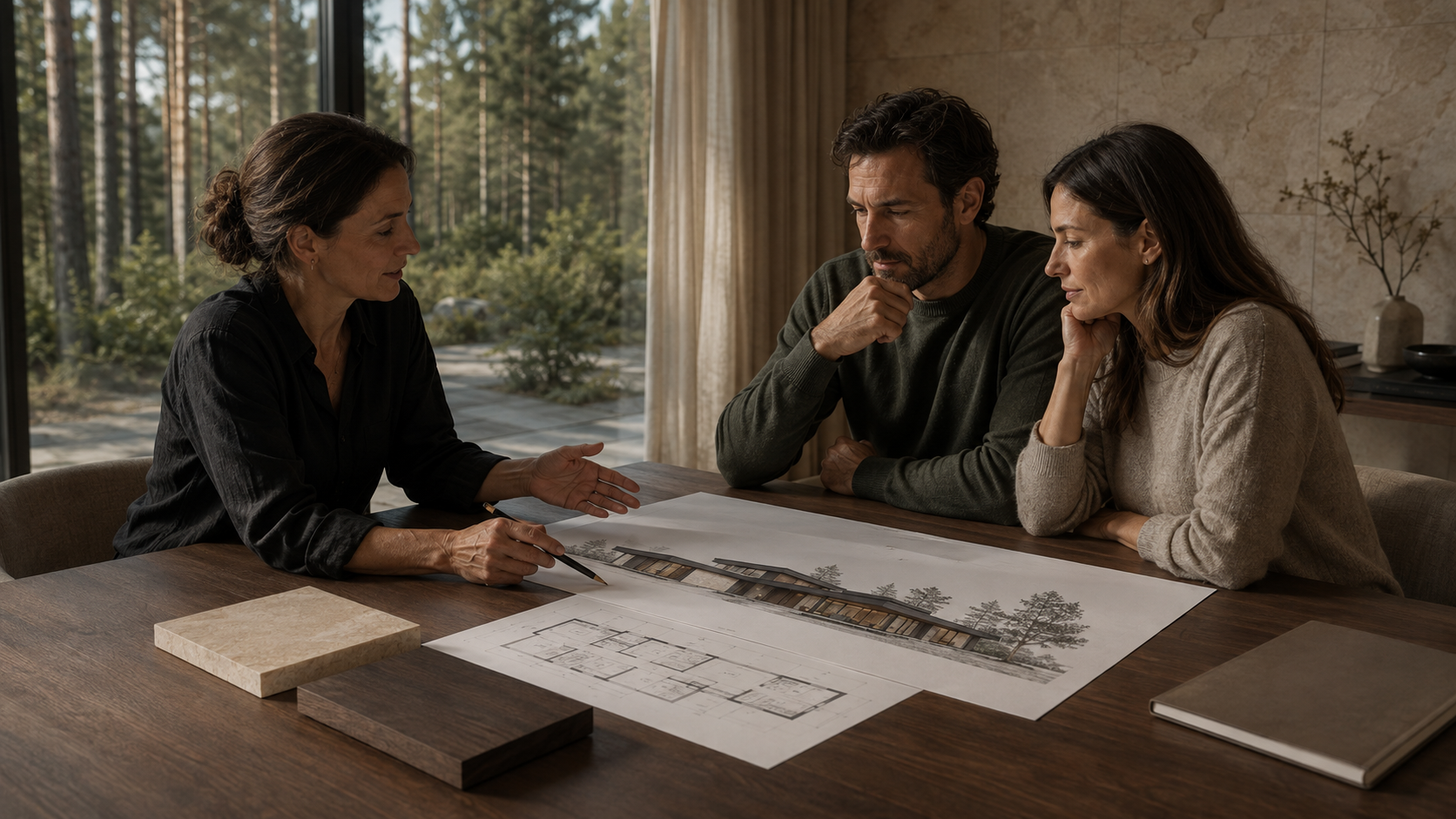 Wizualizacja AI przedstawiająca konsultację architektoniczną — architektka omawia z inwestorami rysunki projektowe i próbki materiałów